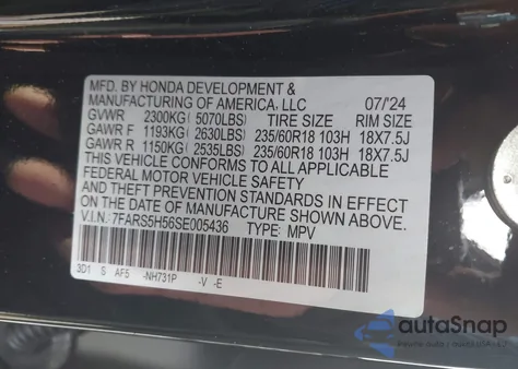 2025 Honda Cr-V Hybrid Sport z USA, uszkodzony, nr VIN 7FARS5H56SE005436